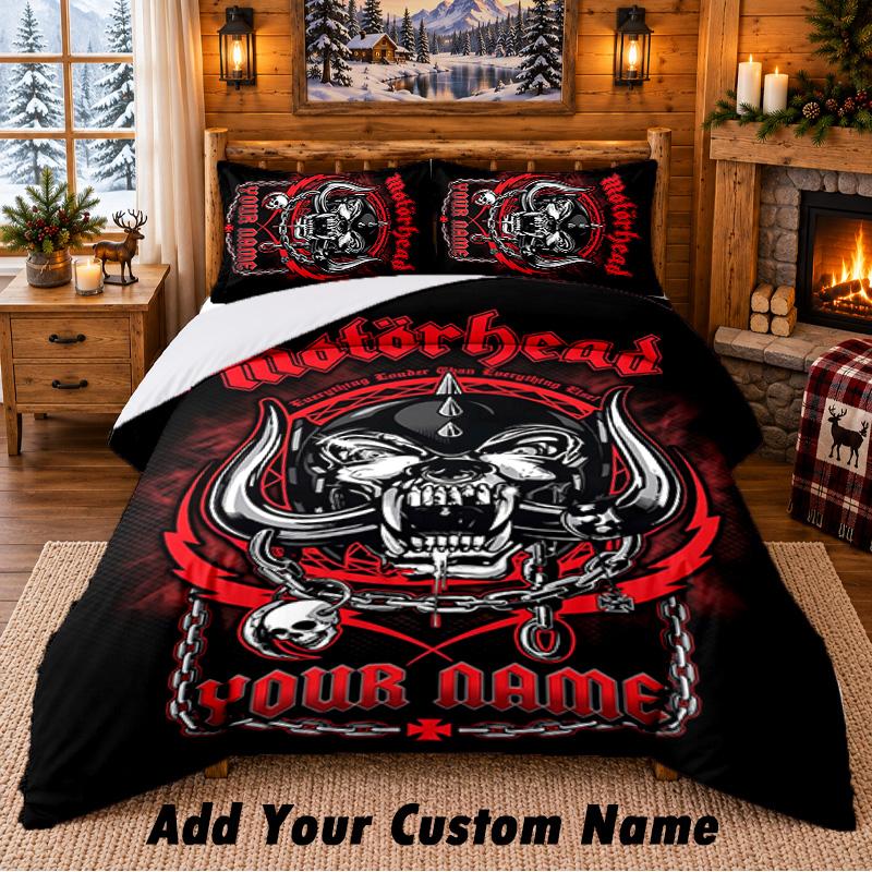 Motorhead Pattern Bedding 3Pcs Set Custom Name, Bed Sheet And Pillowcases For Home Bedroom