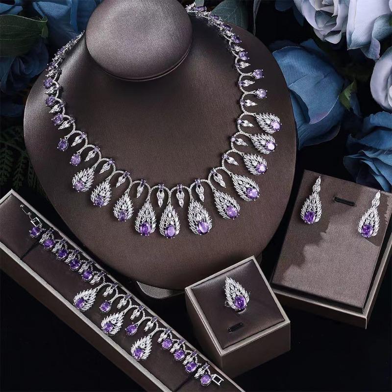 Fashion Light Luxury Bright Diamond Special-shaped Colored Zircon Dinner Dress Set Necklace Earrings