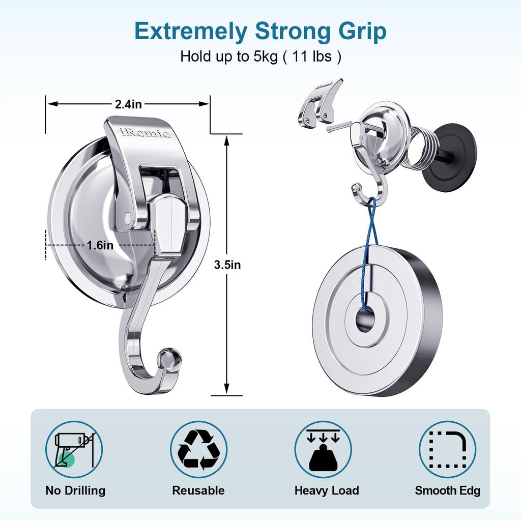 iRomic Heavy Duty Vacuum Suction Cup Hook Specialized for Organizing and Toilet (2 Pack) Kitchen, Bathroom,