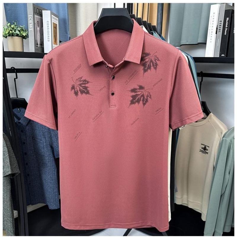 

Men Beige Maple Leaf Print Lapel Half Button Short Sleeve Polo Shirt M