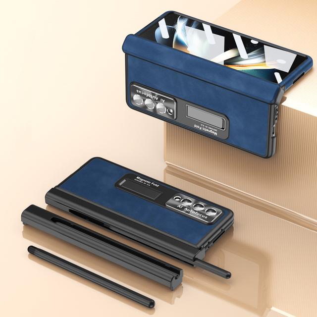 

Гладкий кожаный чехол с отделением для ручки и шарниром для Samsung Galaxy Z Fold 4 3 5g, чехол для телефона, жесткий передний стеклянный чехол For Galaxy Z Fold 3 синий