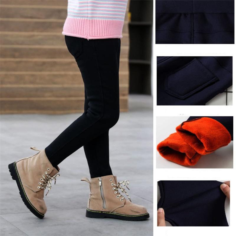 Girls Winter Children Plus Velvet Trousers Thick Warm Solid Color Pencil Pants