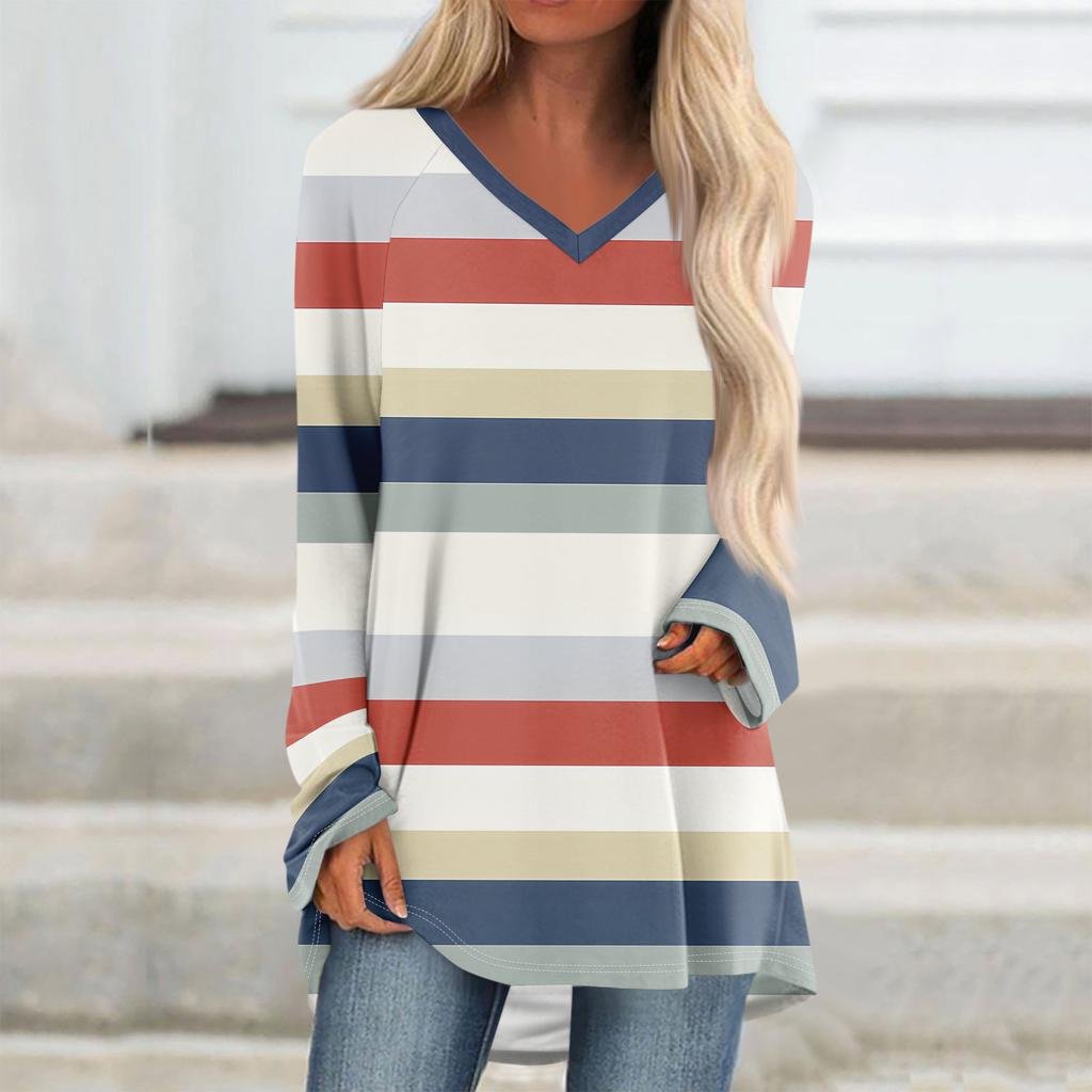 Women's  And Winter Long Sleeved V-neck Printing Casual Long Loose T-shirt Top