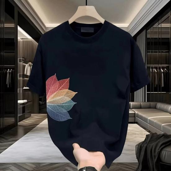 Мужская футболка с принтом листьев, хлопковая, с круглым вырезом и короткими рукавами, летняя, повседневная, свободная, для повседневной жизни, спорта, пляжа XL чёрный