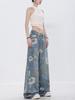 Printed Denim Jeans, Loose Fit, Versatile Wide-leg Pants