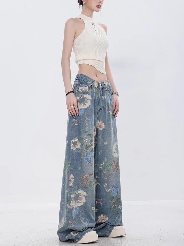 Printed Denim Jeans, Loose Fit, Versatile Wide-leg Pants