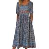 Summer Lady Dress Pleated Ethnic Style Print A-line Loose Hem Side Pockets Round Neck Soft Bohemian Short Sleeves Mid-calf Length Women Daily