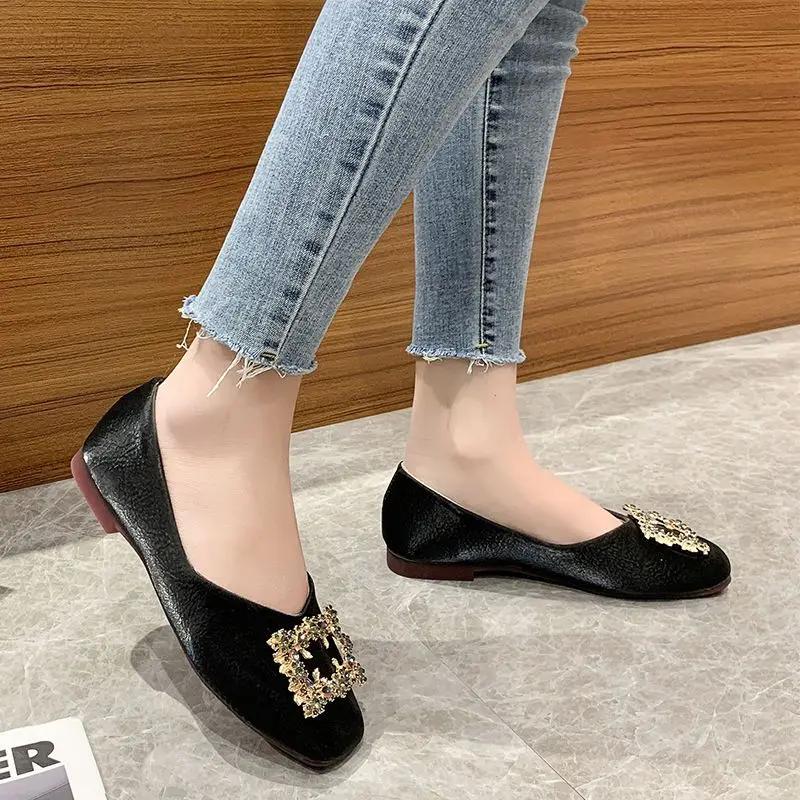 Fashion With Crystals Green Shoes for Women Diamond Square Toe Woman Flats Rhinestone on Promotion Low Price Chic and Elegant Wholesale