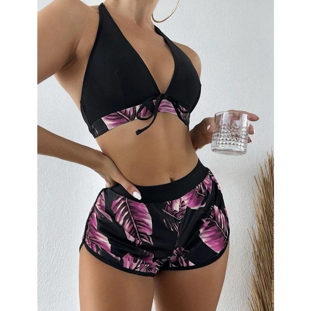 Women 2025 New Bikinis 6 Colors Sexy Halter Bikini 3 Piece Set Leafs Print High Waisted Swimsuit Beach Bathing Suit Size S-XXL