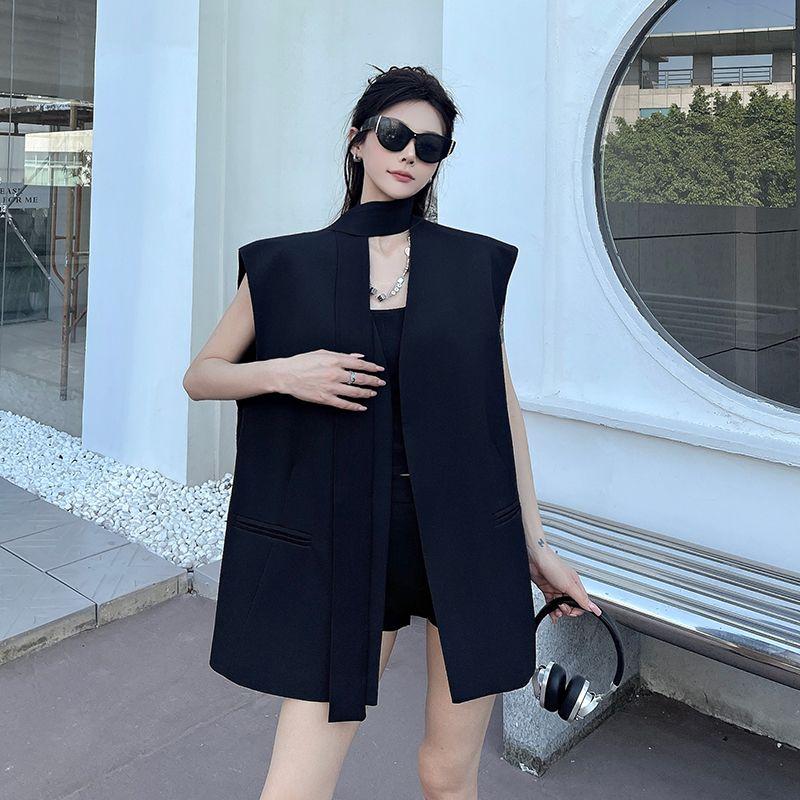 Women Summer High Sense Minimalist Sleeveless Blazer Fashionable Collarless Vest Blazer Jacket Casual Trendy Outerwear Top