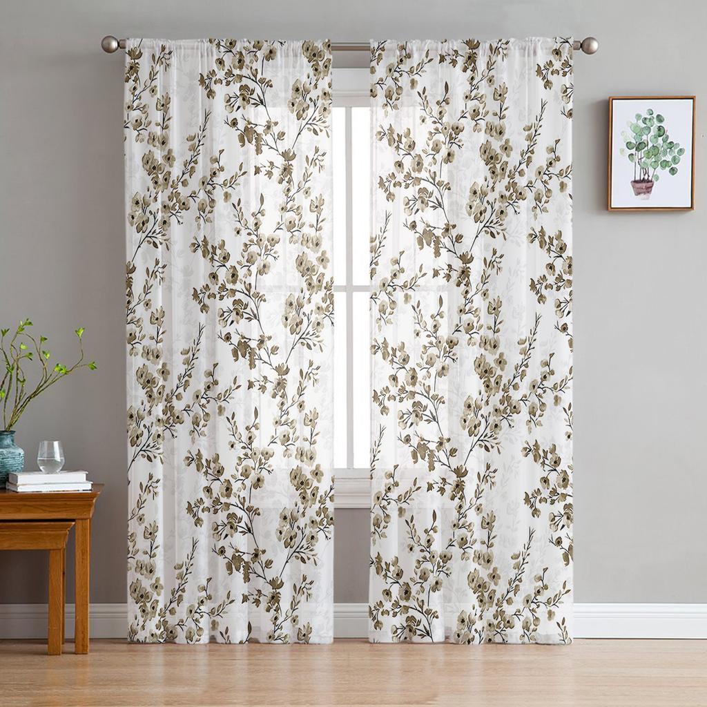 Yellow Flower Watercolor Leaves Sheer Curtains Ideal for Living Room Ornamentation Window Curtains Cooking Area Tulle Voile Organza Drapes