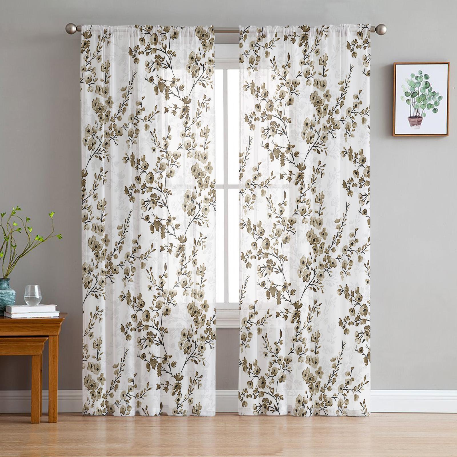 

Golden Yellow Floral Watercolor Leaves Transparent Drapes Perfect for Living Room Ornamentation Window Panel Drapes Cooking Area Tulle Voile Organza W135 x H115cm x1&Grommet Top