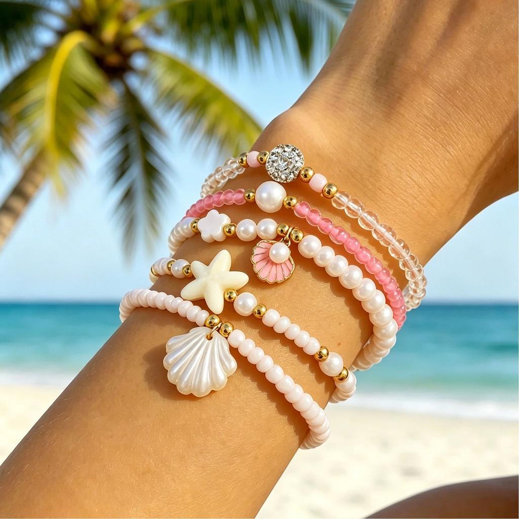 Bohemian Gold Shell & Starfish Bracelet Set, 7-Piece Beach Style Stackable Bracelets for Women