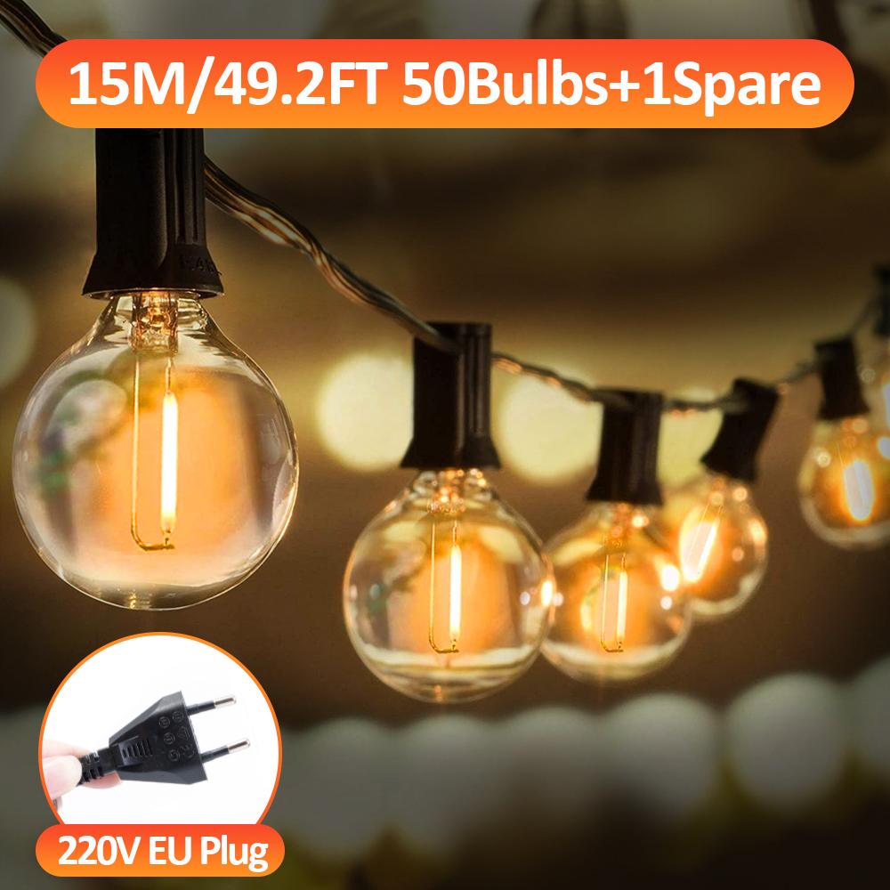 G40 LED Globe String Lights Outdoor, 15M 50 Pcs IP65 Plastic Bulbs, Balcony Garland Fairy Lamps for Wedding Christmas Party Deco