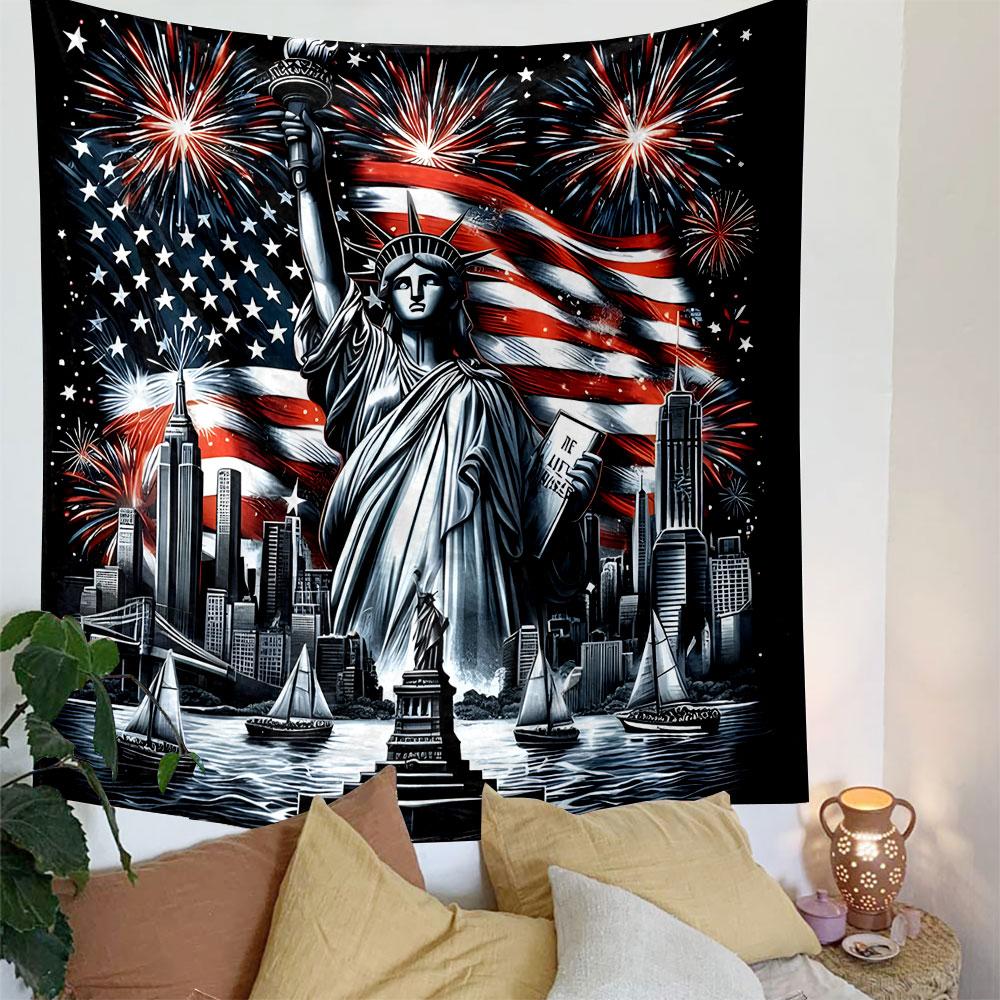 Statue of Liberty with Fireworks Scene Patterned Tapestry Decorative Wall Hanging, Home Bedroom Living Room Decor