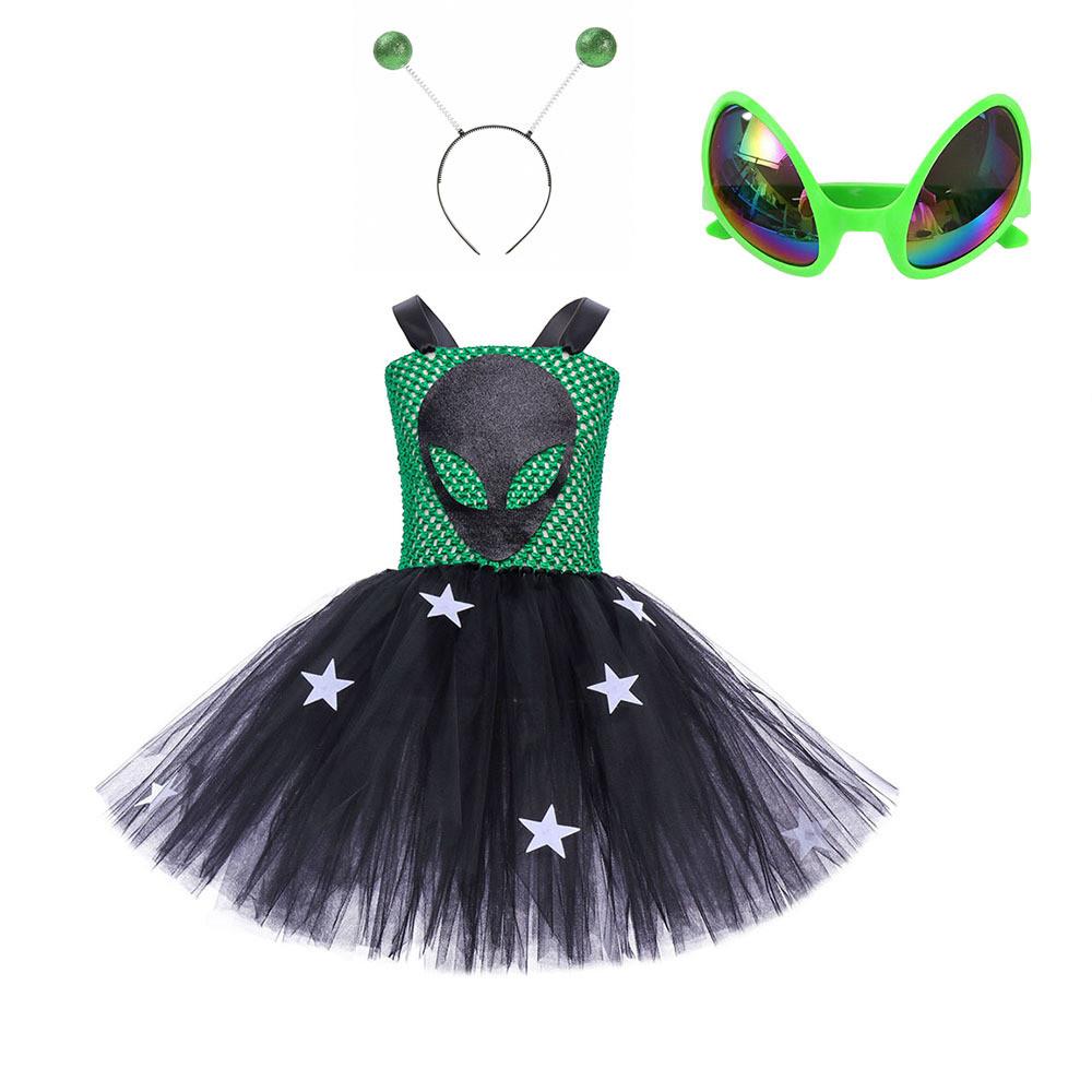 Crianças Meninas Alien Palhaço Circo Vestido Tutu de Malha Conjunto de Adereços de Cabeça Crianças Halloween Fantasias Cosplay Criança Faz de Conta Princesa Festa Role Play Roupa