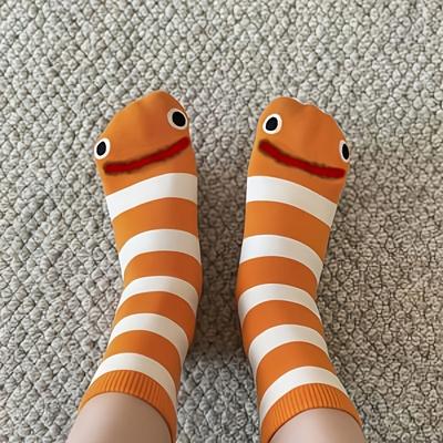 Spring Lightweight Cute Abstract Funny Eel Stripe Mid-calf Socks. Versatile Yellow and White Color Scheme