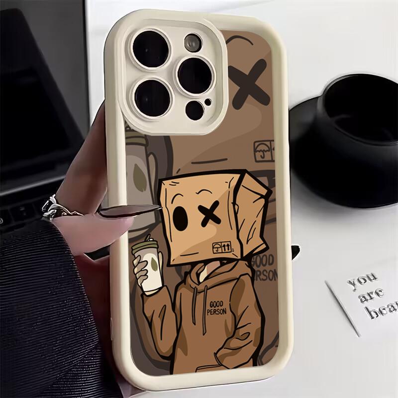 Cartoon Box Man Pattern Silicone Phone Case For iPhone 17 16 15 14 13 12 11 Pro Max 16 Plus 16E Shockproof Candy Soft TPU Cover