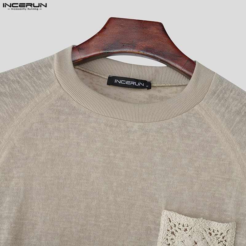 INCERUN Spring Men Round Neck Long Sleeve Crochet Casual Loose Pullover T-shirts Tops