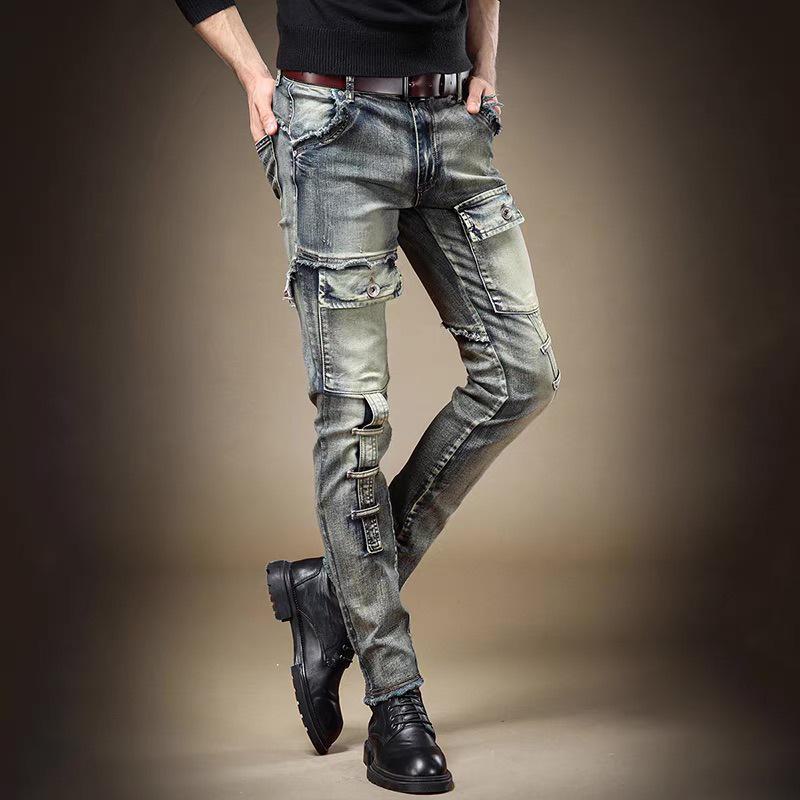 Men's Slim Fit Retro Washed Workwear Jeans - Trendy Autumn Style with Scraped Edges