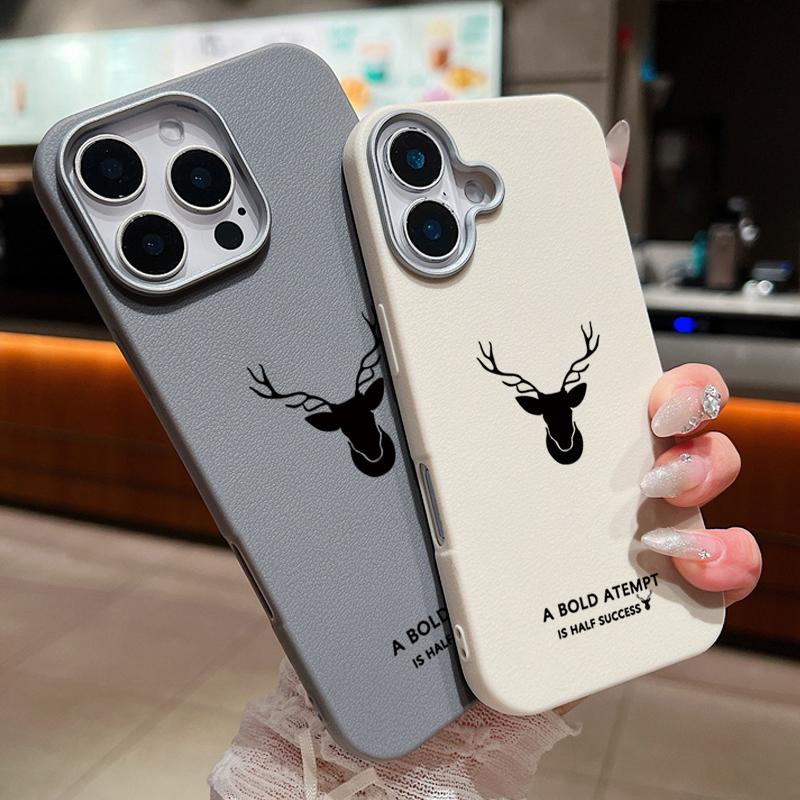 For iPhone 16 Pro Max 15 Pro 14 13 12 11 Case Deer Pattern Solid Color TPU Leather Texture Soft Matte Shockproof Phone Cover