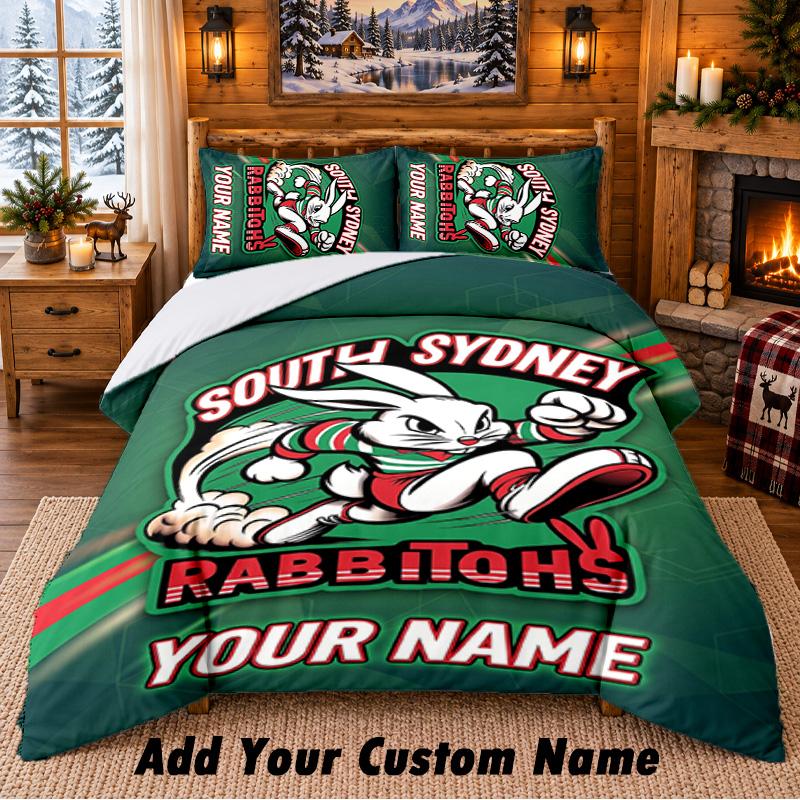 South Sydney Rabbitohs Pattern Bedding 3Pcs Set Custom Name, Bed Sheet And Pillowcases For Home Bedroom