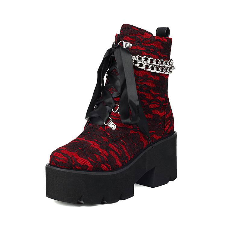

Джинсовые ботильоны панк с принтом смешанных цветов, перекрестной шнуровкой, металлической цепочкой, на толстой подошве типа «бисквит», увеличивающие рост 39 вино красного