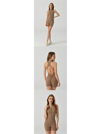 European & American Sports Yoga Bodysuit with Zipper, Open Back, Peach Butt, Double-Sided Brushed Fabric, Shapewear & Bra Pads
