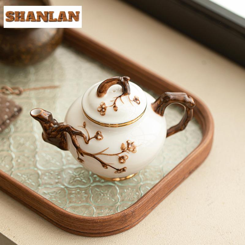 300ml Handmade Relief Plum Blossom Art Teapot Aesthetic Sheep Fat Jade Porcelain Pot Tea Making Kettle Teaware Accessories Gift