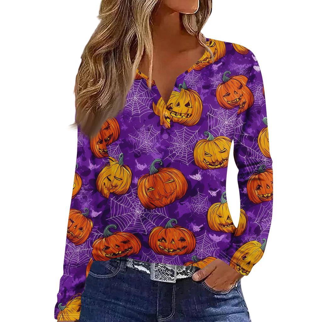 Women's Long Sleeve V-Neck T-Shirt with Button and Halloween Print Casual Top