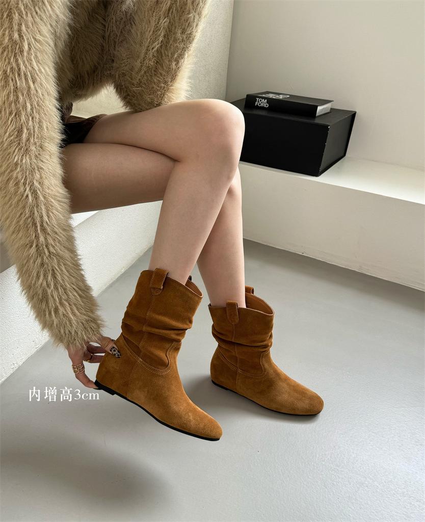 French Leather Retro Pleated Short Boots for Women 2025 Autumn and Winter New Round Head Matte Inner Leather Heightening Thin Boots for Women