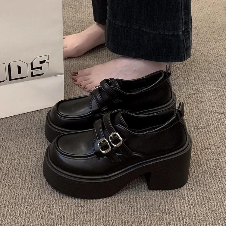 Platform popular loafers women's spring 2025 new super high heel belt buckle British style ins small leather shoes