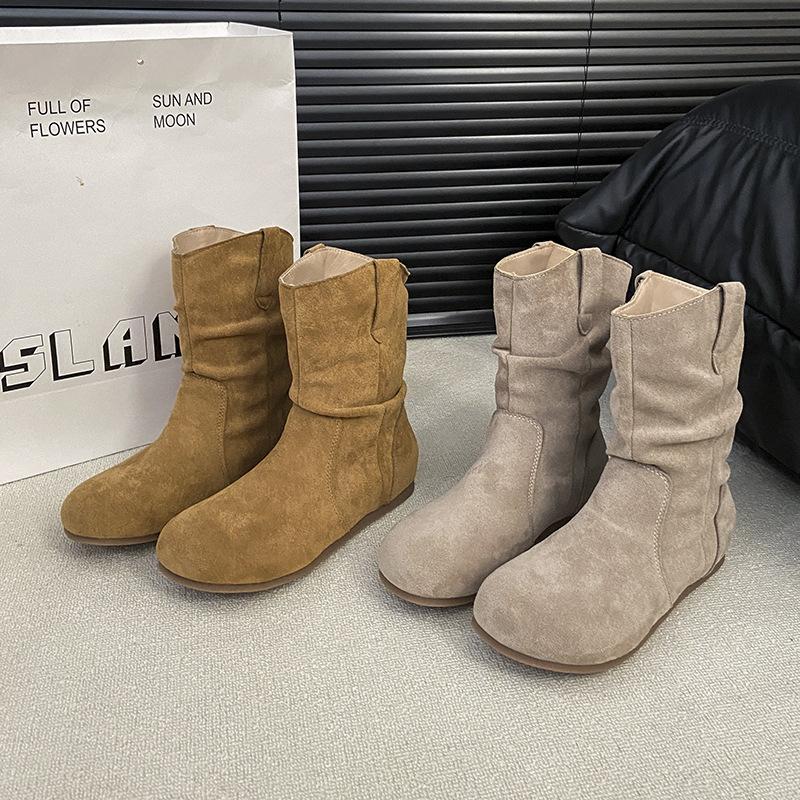 Frosted version~ Retro flat-bottomed short boots women's western boots autumn and winter sleeve round head stacking boots slim short women's boots