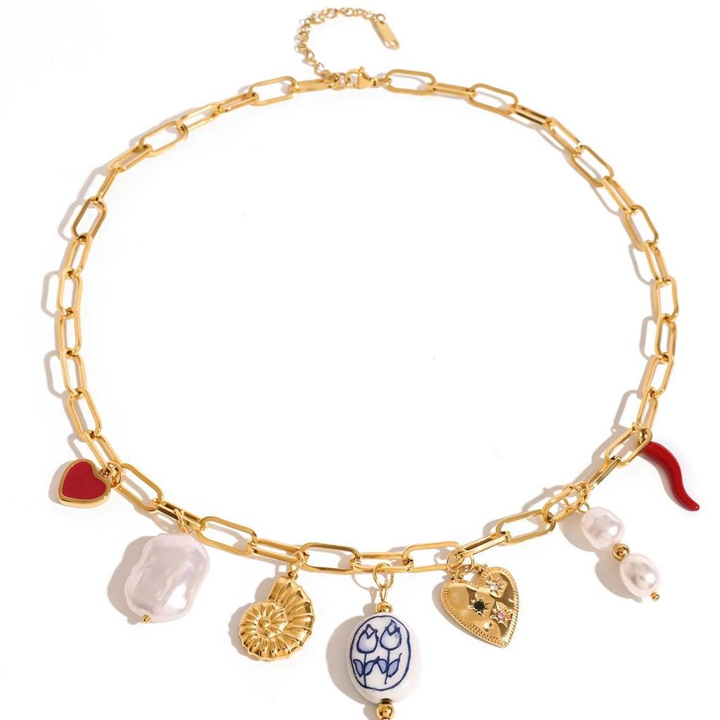 Youthway Trendy Stainless Steel Pearl Conch Heart Porcelain Bead Chili Pendent Necklace Waterproof Gold-Plated Beach Jewelry