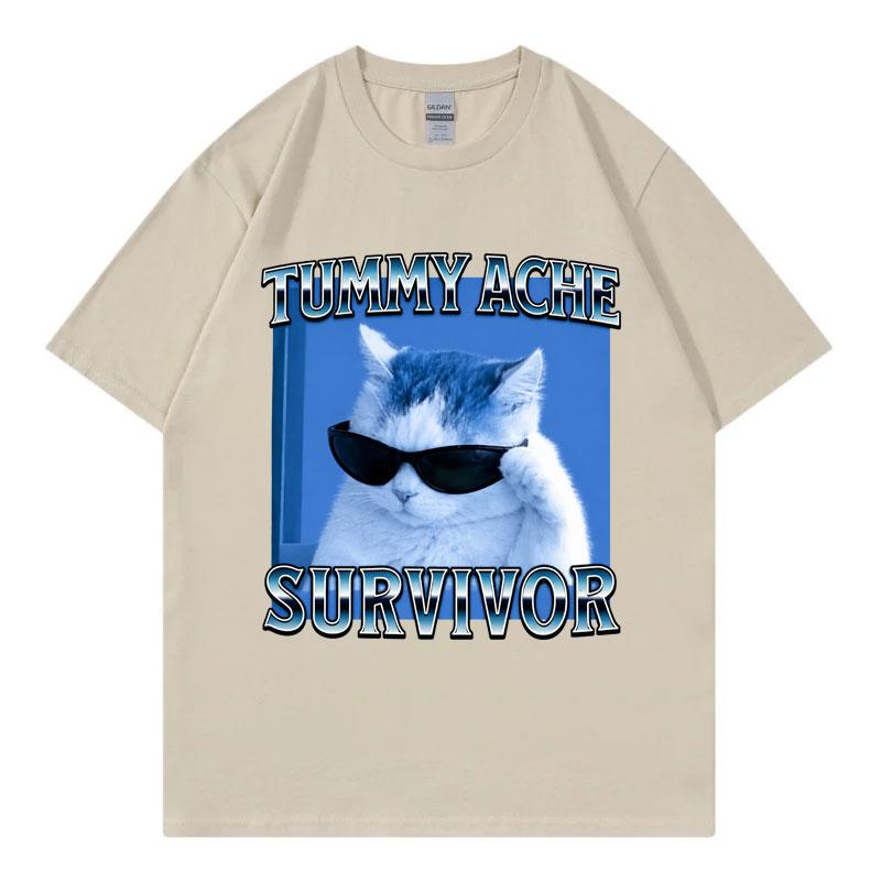 Tummy Ache Survivor Funny Cat Meme Tshirt Unisex Unisex Casual Comfort Short Sleeve Tshirts High Quality Fashion Oversized T Shirt