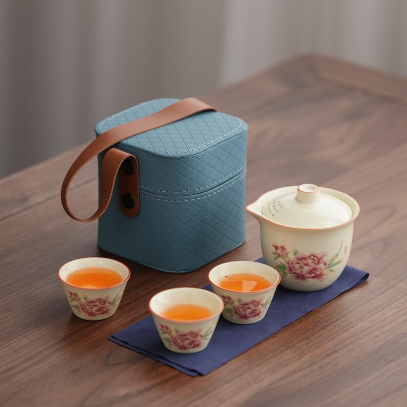 Nationalstil Pfingstrose Ru Ofen Reise-Teeset Outdoor tragbar Qingyun Kuaike Tasse Geschäftsveranstaltungs-Souvenir fester Druck