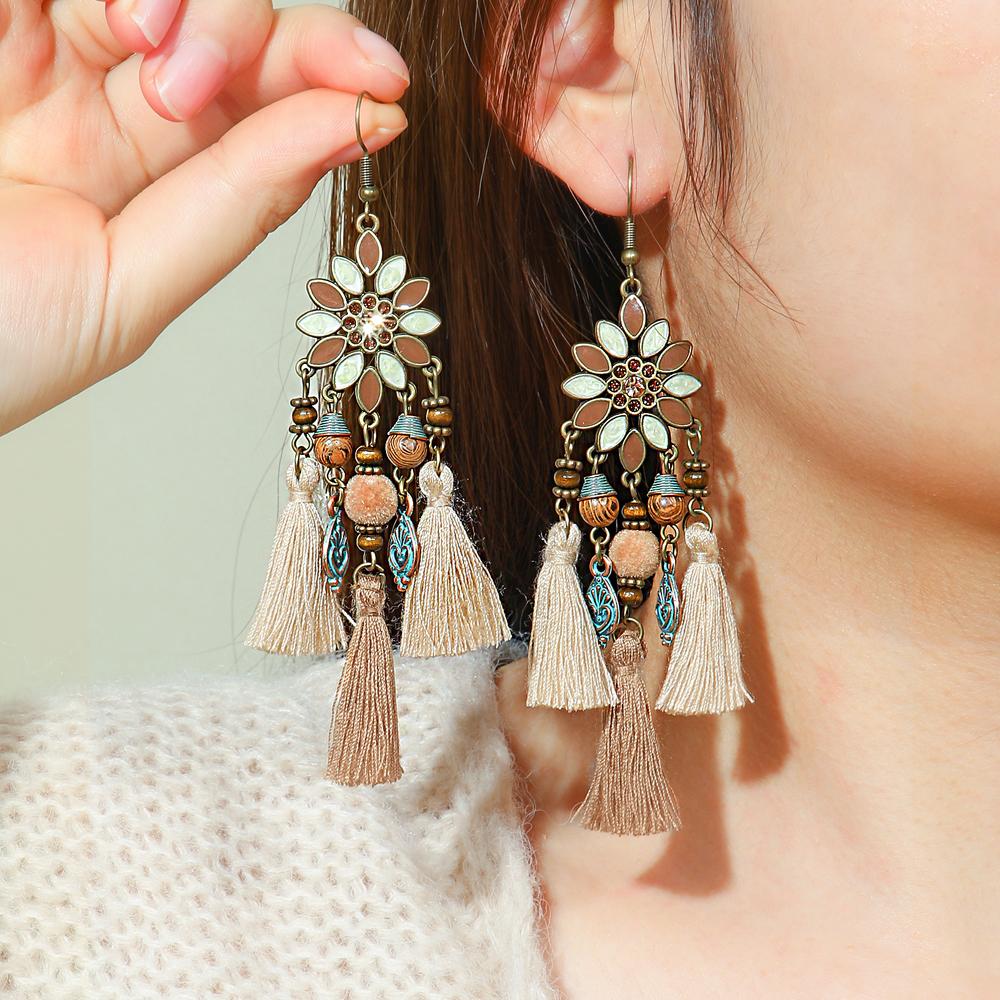 

Винтажные бохо серьги с длинной подвеской-кисточкой, коричневые серьги-капли из сплава, украшения для праздничной вечеринки, подарки для повседневной носки, универсальные