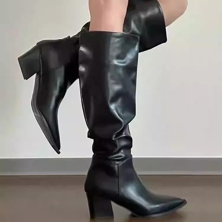 Winter Vintage Women Knee High Boot Concise Slip On Thick Heel Shoes Square Toe Knight Long Booties New