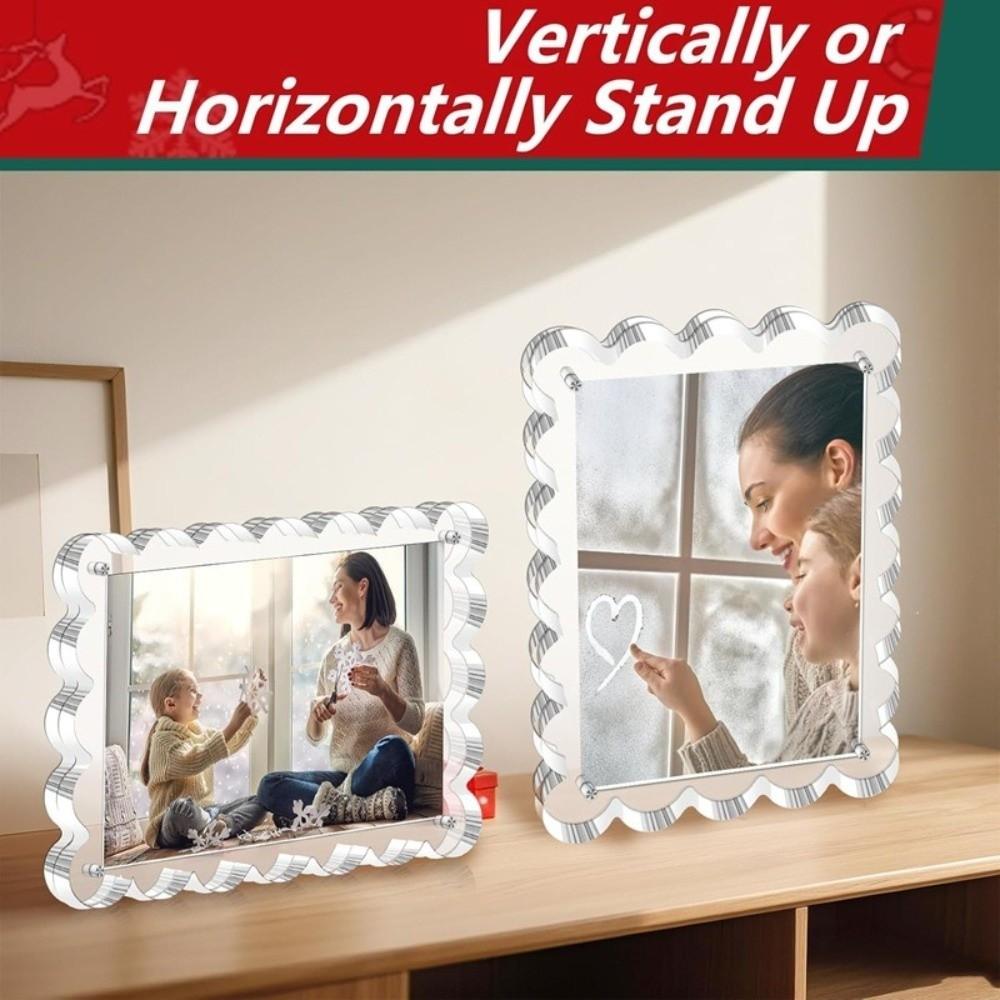 Sleek Scalloped Design Magnetic Photo Frame Transparent Freestanding Design Scalloped Glass Frames Thicken Acrylic Photo Frame