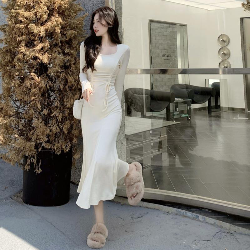 Pure Desire Square Collar Fishtail Dress Women's Spring, Autumn and Winter Bottoming Hip Skirt Waist Slim Long Skirt Coat