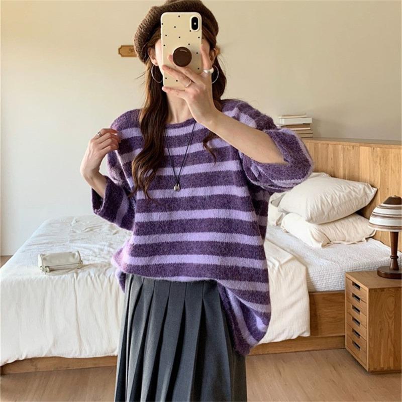 

Fashion striped color matching pullover sweater women s autumn and winter new loose retro lazy style knitted sweater top tide average size