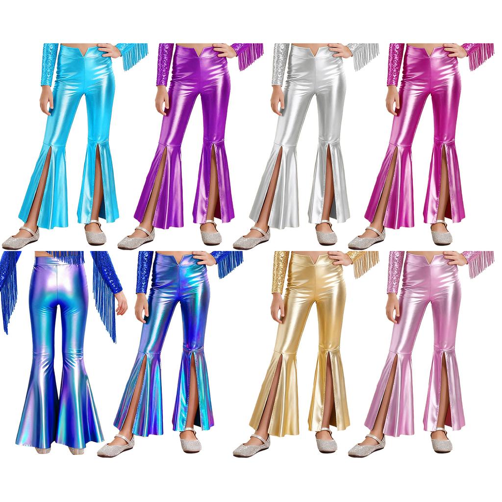 Mädchen Festzug Tanzkostüm Metallische Schlaghosen Design mit Schlitz Bühnenauftritt Wettbewerbsoutfit