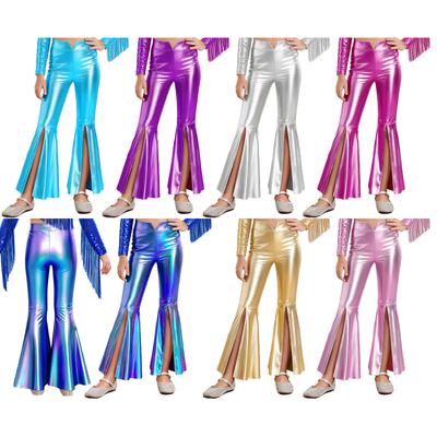 Girls Pageant Dance Costume Metallic Bell Bottom Pants Split Leg Design Stage Performance Competition Outfit