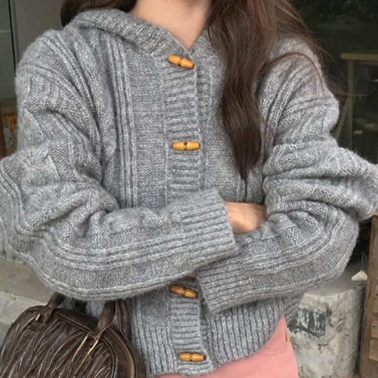 Autumn Winter horn button Knitted Sweater women's Short Cardigan jacket Loose korean Fashion solid hooded Sweaters youth Women