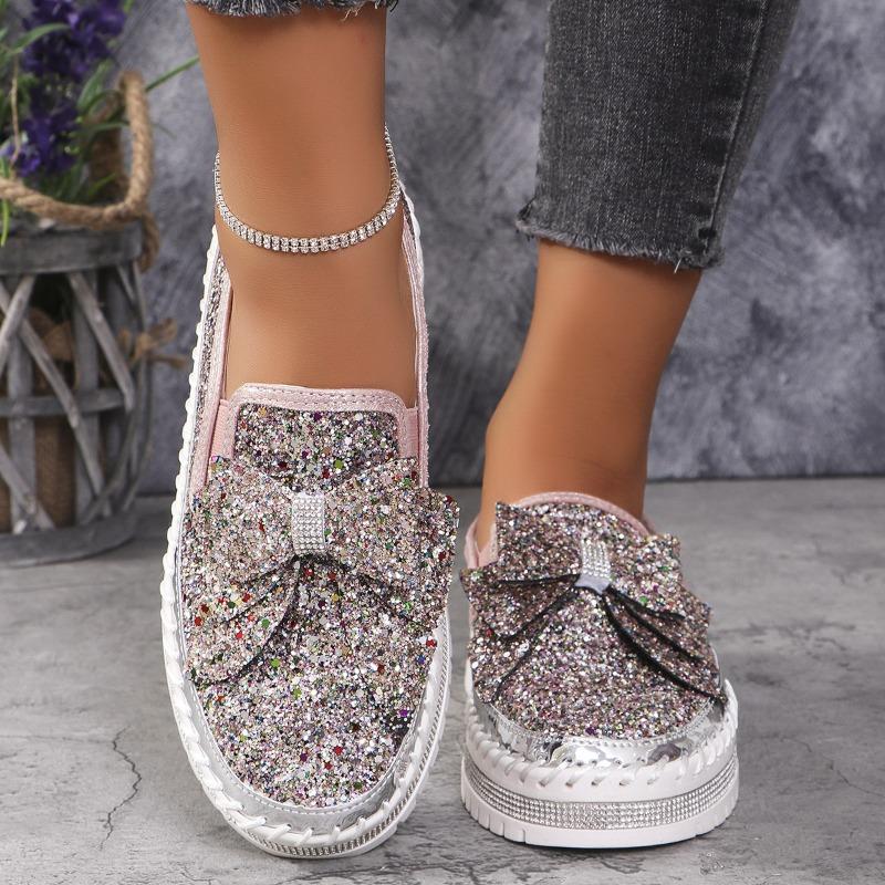 Large size rhinestone bow shallow mouth women's spring and autumn new one-pedal platform lazy shoes