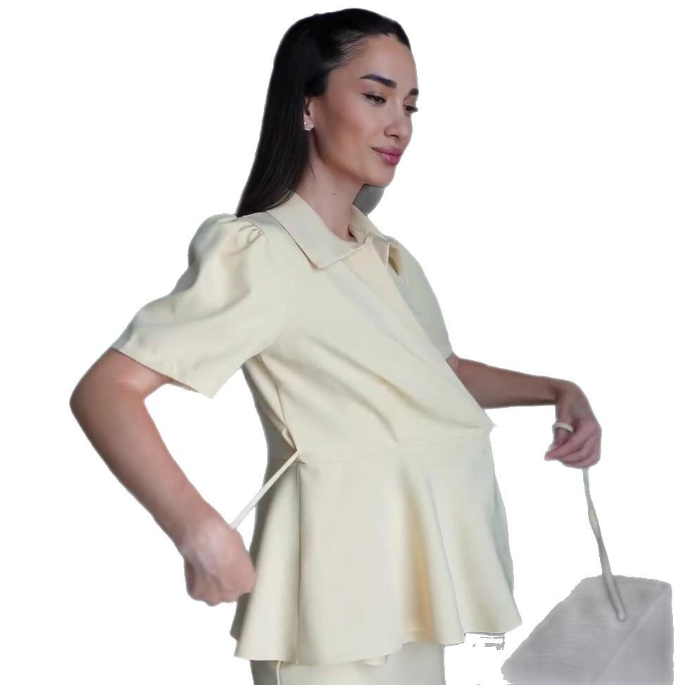 2025 Autumn Women's Solid Color Waist-Tie Slimming Short Sleeve Top