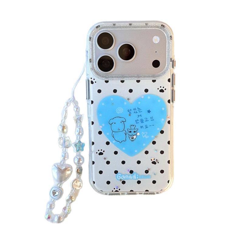 Korean-Style Polka Dot & Heart iPhone 17 Pro Max Case - Black & Blue, Drop-Proof Protection for Apple 16.