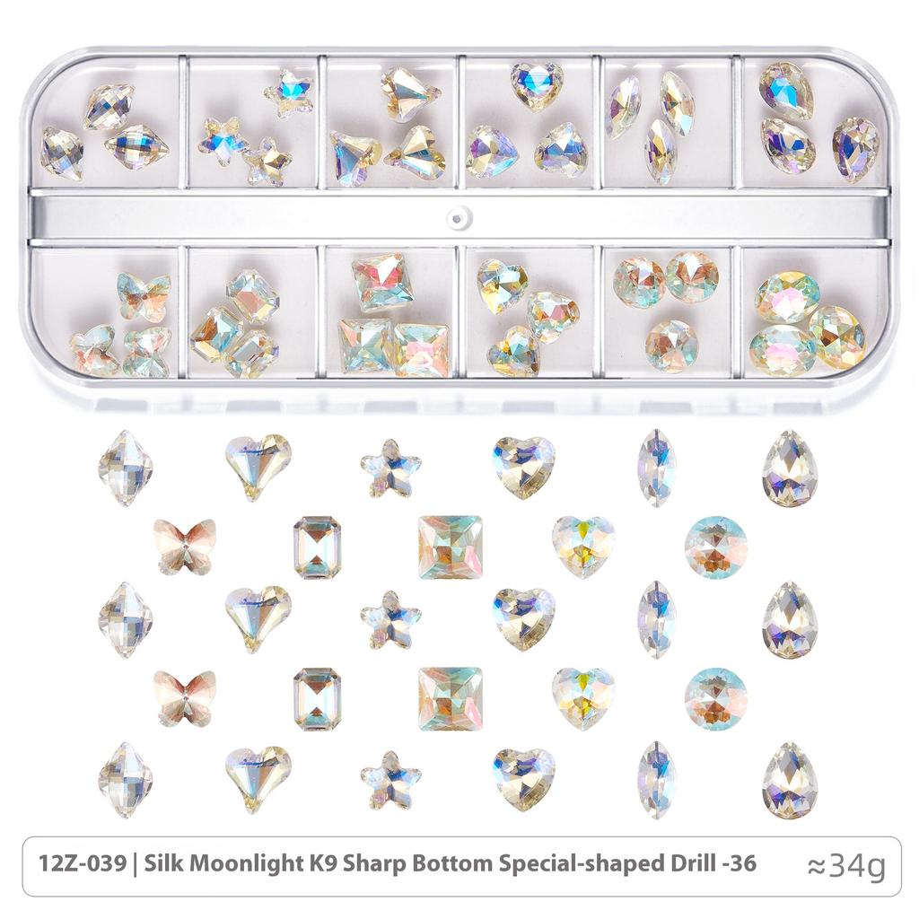 Broca para Nail Art 12 Compartimentos Strass Fundo Plano Broca Formato Especial Unha Vidro AB Aurora Transparente Broca Unha Conjunto de Joias para Nail Art