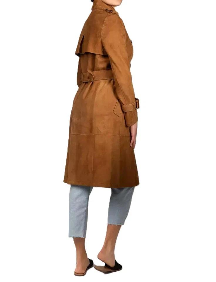 Genuine Casual Stylish Soft New Women Trench Coat Brown Suede Handmade Lambskin