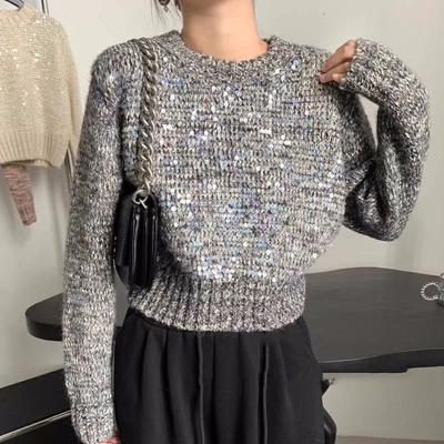Sequined Knitted Sweater Top Women's Autumn and Winter New Lazy Wind Pullover Round Neck Heavy Industry Super Good-looking Short Sweater